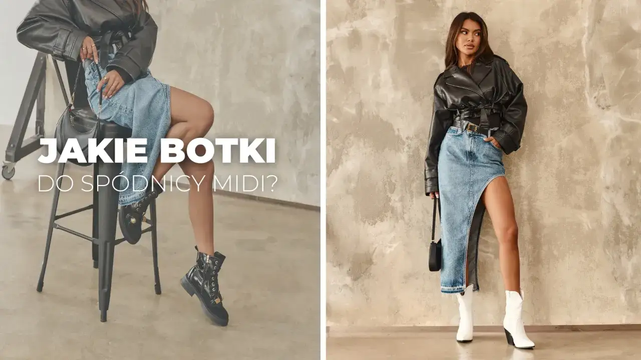 Kobieta w jeansowej spódnicy midi i skórzanej kurtce prezentuje różne modele botków. Czy botki pasują do spódnicy? Tak!