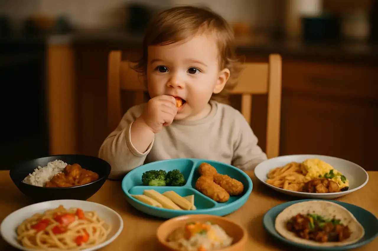 Słodkie dziecko próbuje swoich pierwszych obiadków dla 6-miesięcznego dziecka: makaron, ryż z kurczakiem, warzywa i nuggetsy.