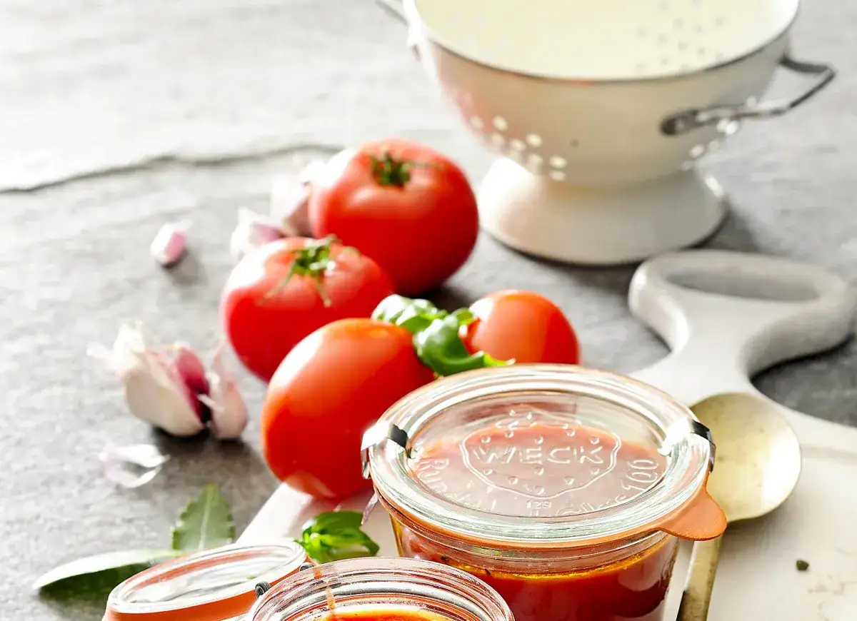 Słoiki z domowym przecierem pomidorowym, świeże pomidory, czosnek i bazylia na kamiennym blacie.