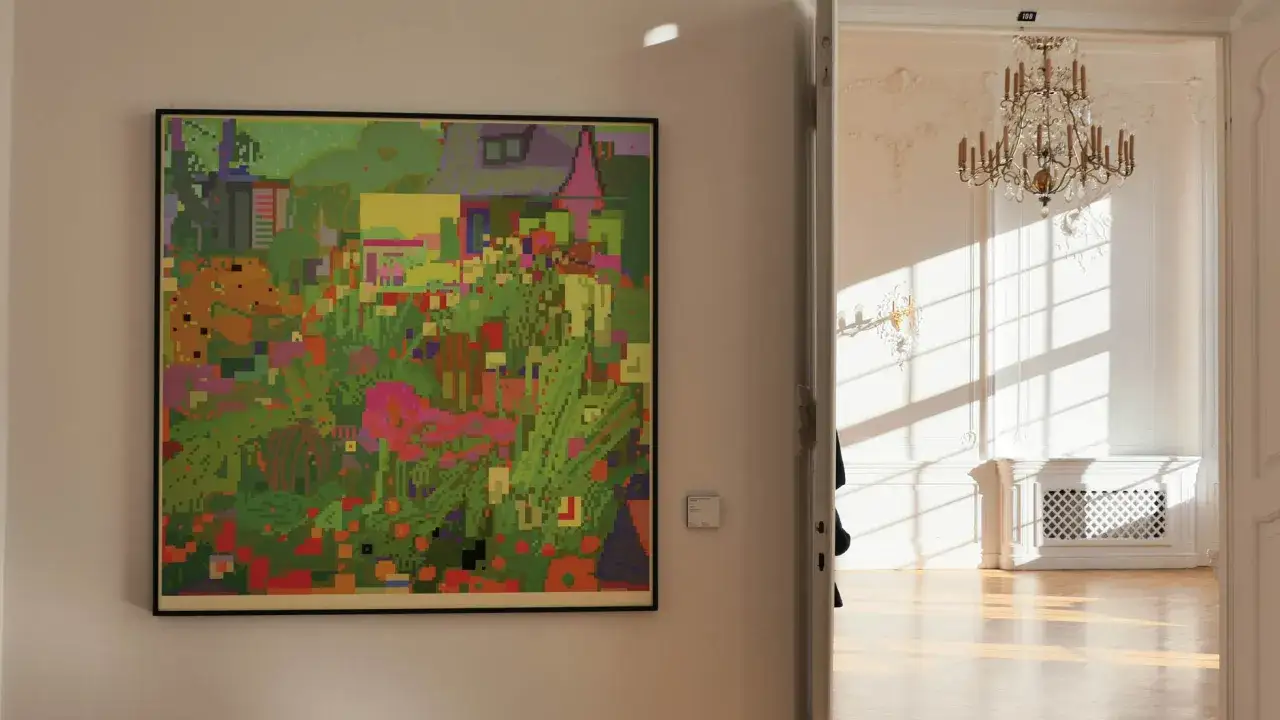 Kolorowy obraz w stylu pixel art wisi obok otwartych drzwi, przez które widać salę z żyrandolem. Sprawdź muzeum narodowe w gdańsku godziny otwarcia.