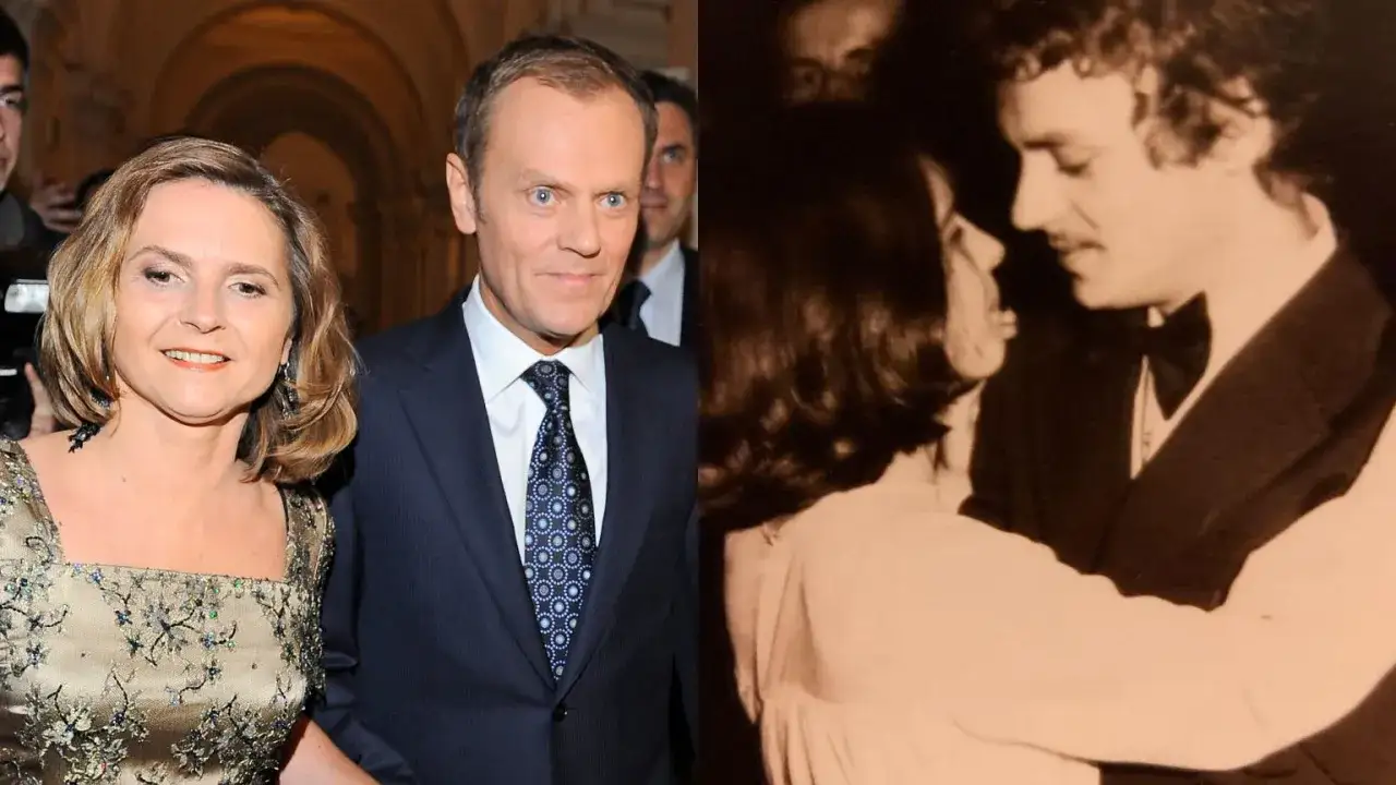 Donald Tusk z żoną, uśmiechnięta para na zdjęciu obok młodych zakochanych.