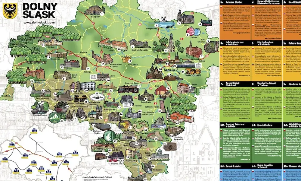 Mapa turystyczna Śląska z zaznaczonymi atrakcjami