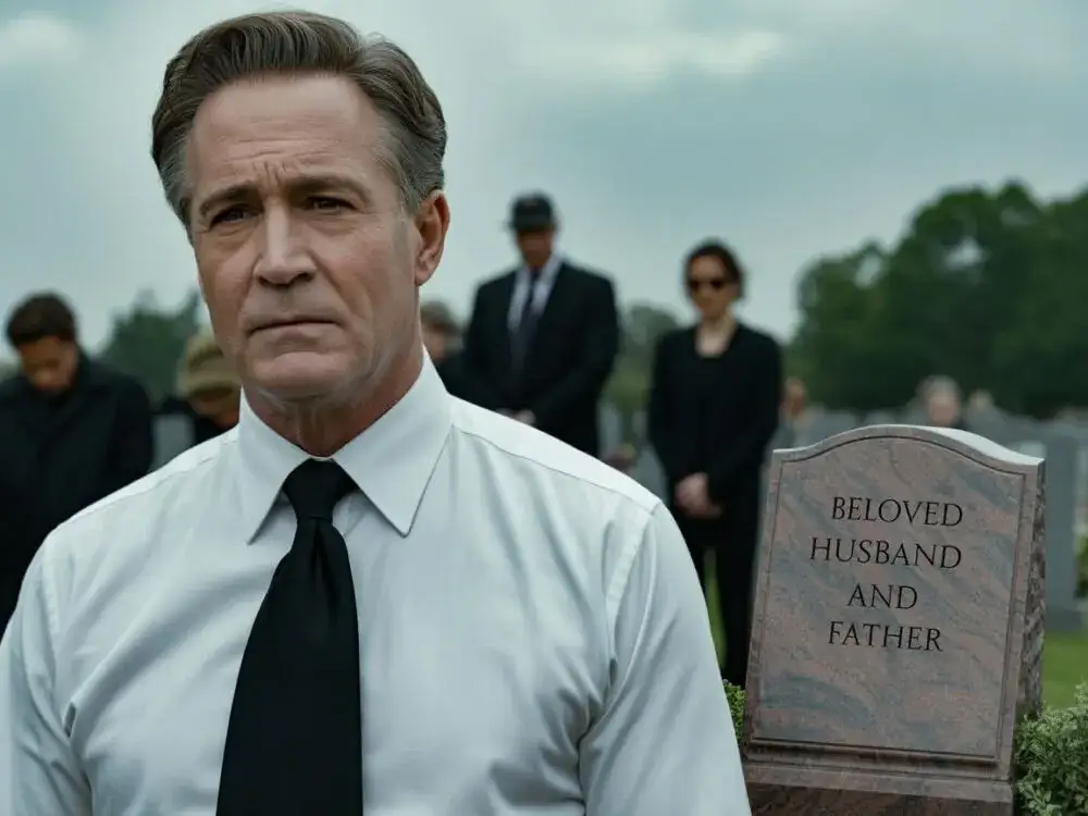 Mężczyzna w białej koszuli na pogrzebie, klasyczny fason, czarny krawat