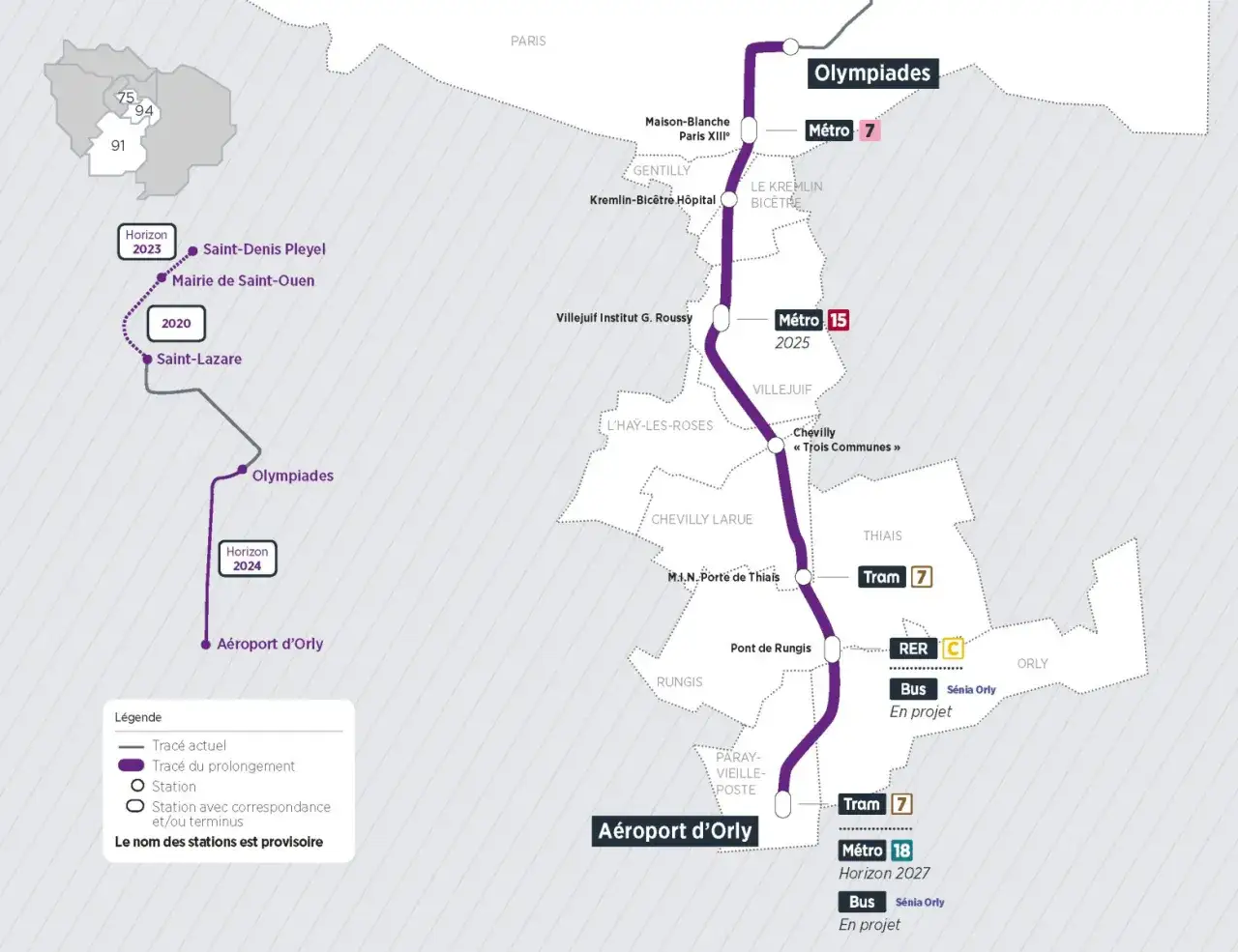Mapa pokazuje linie metra w Paryżu, w tym linie 7, 15 i 18, które są w budowie.