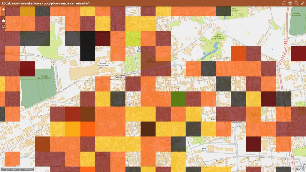 Mapa cen mieszkań w Łodzi. Kolory wskazują zr&oacute;żnicowanie cen, od najniższych (zielony) po najwyższe (ciemnoczerwony).