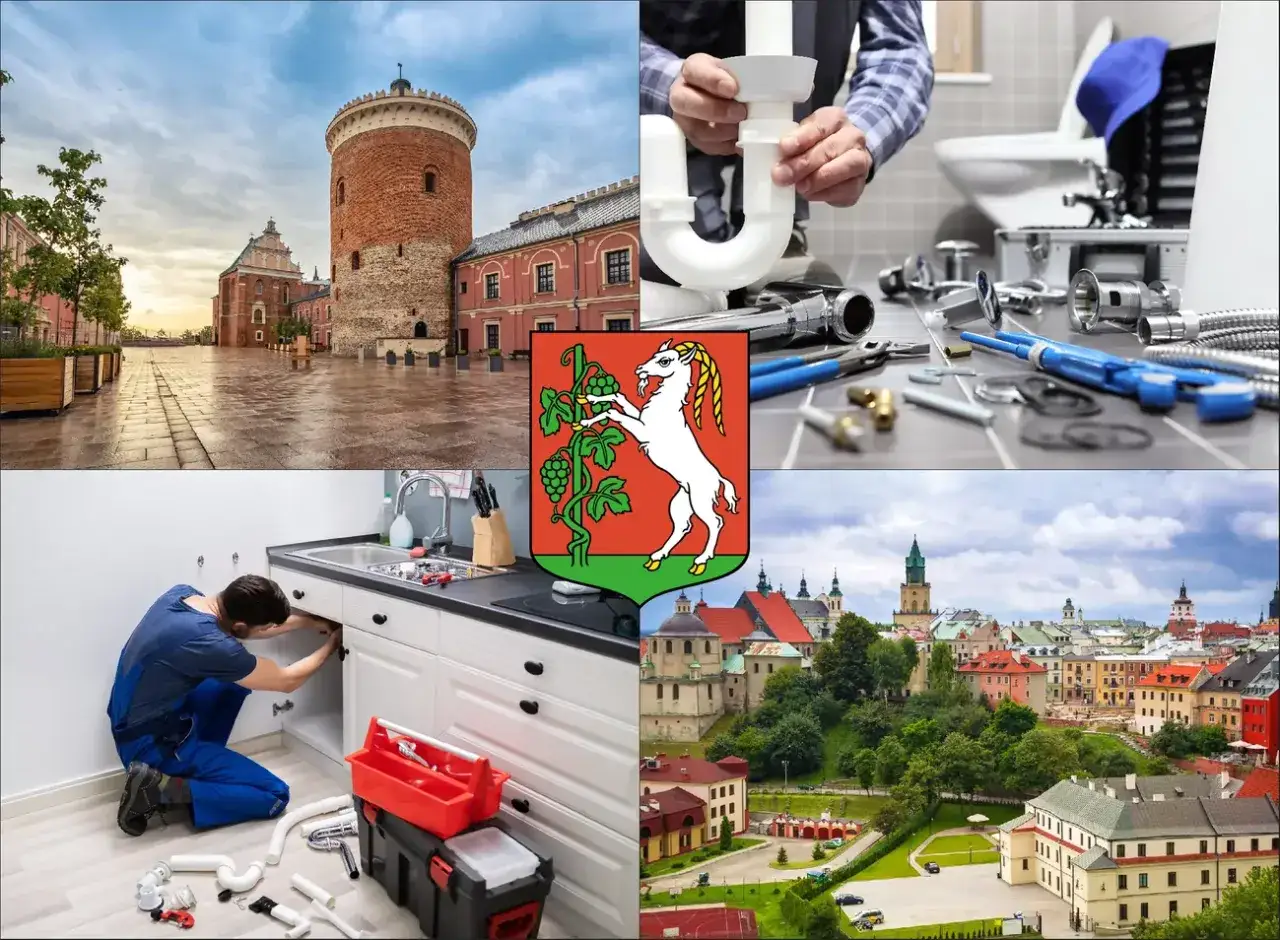 Hydraulik w kuchni, narzędzia, zamek i panorama miasta. Dowiedz się, ile kosztuje hydraulik w tej okolicy.