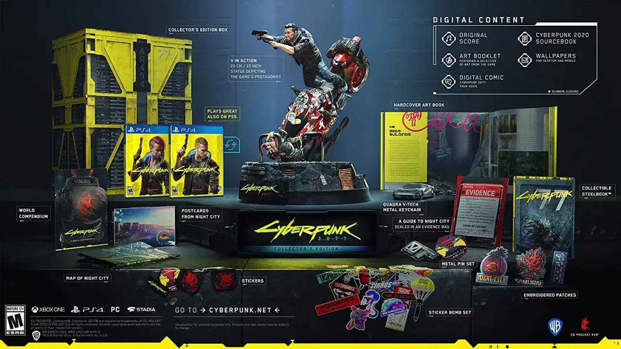 Kolekcjonerska edycja Cyberpunk 2077, zawierająca figurkę V, artbook, steelbook i inne gadżety. To najdroższa gra na świecie, pełna detali.