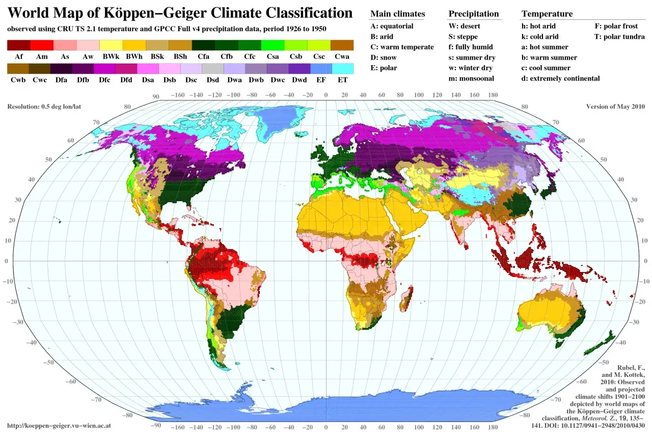 Mapa świata klasyfikacja klimat&oacute;w K&ouml;ppena Dfa