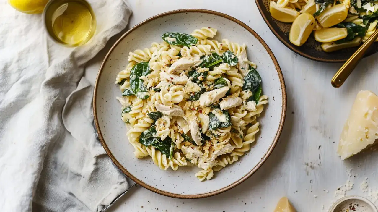 Fusilli z kurczakiem i szpinakiem w kremowym sosie, idealne na makaron na diecie. Podane z cytryną i parmezanem.