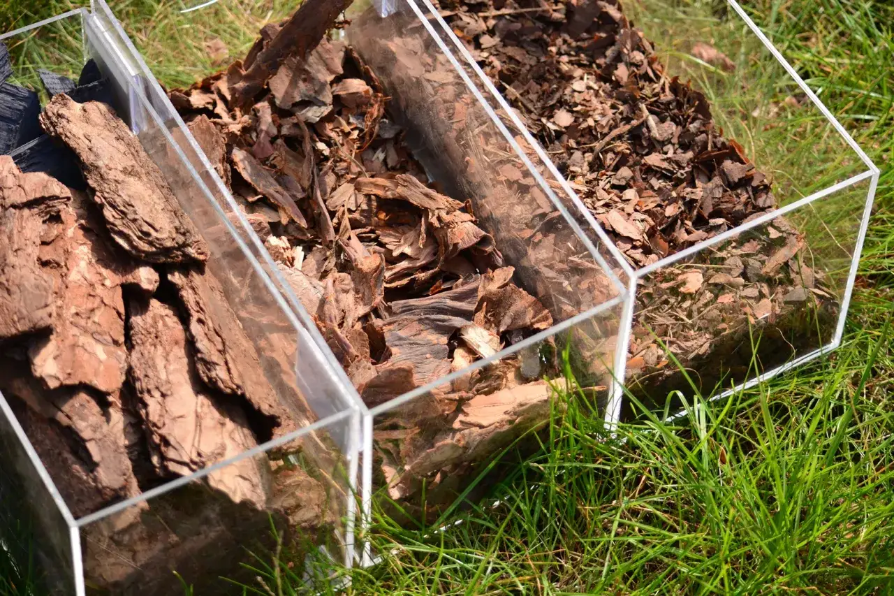 Trzy przezroczyste pojemniki z korą drzewną, pokazujące różną ilość kory na metr kwadratowy.