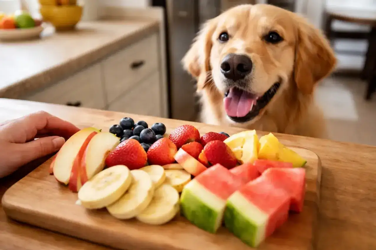 Złoty retriever z zaciekawieniem patrzy na deskę z owocami: jabłka, banany, truskawki, bor&oacute;wki, arbuz. Jakie owoce dla psa są bezpieczne?