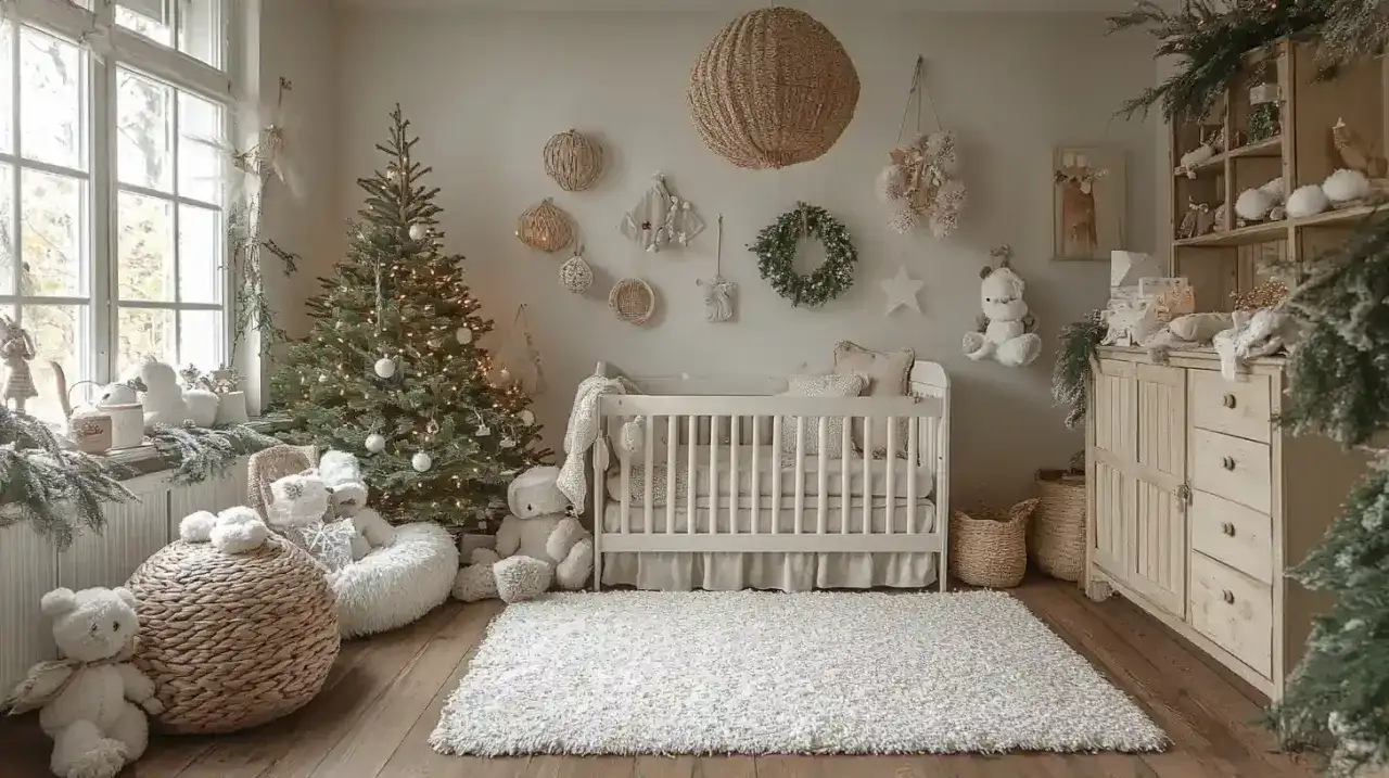Jak udekorować salon na boże narodzenie? W pokoju dziecięcym choinka, łóżeczko i pluszaki tworzą magiczną atmosferę.