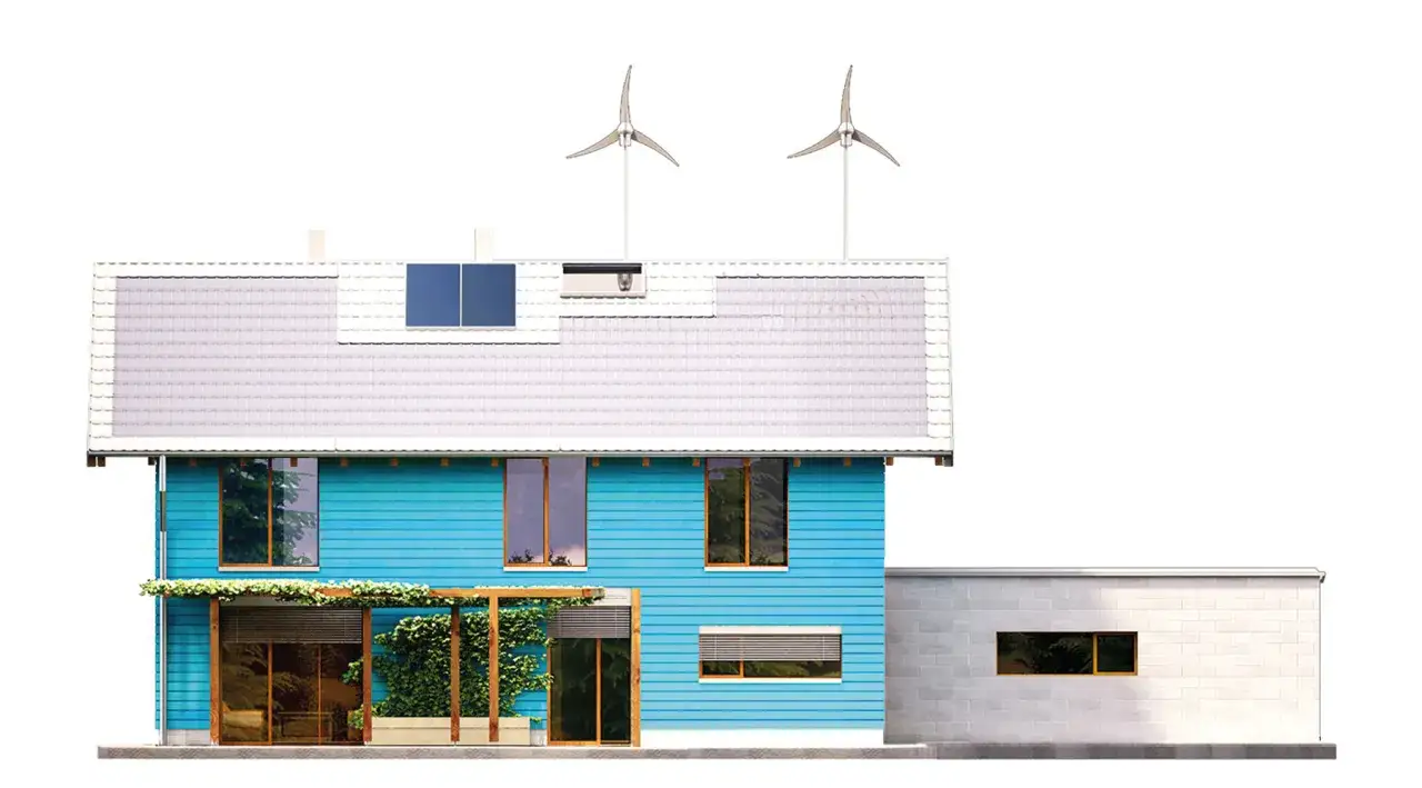 Niebieski dom samowystarczalny za 150 tys. z panelami słonecznymi i turbinami wiatrowymi na dachu.