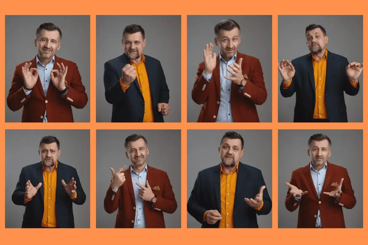 Mężczyzna w garniturze pokazuje gestami, jak zrobić dobrą prezentację. Różne pozy i mimika sugerują kluczowe elementy udanego wystąpienia.