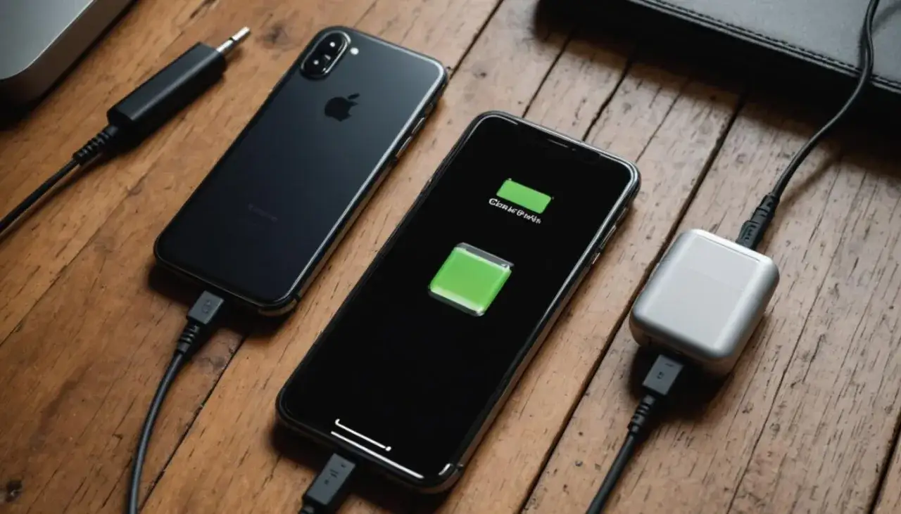 Dwa iPhone'y na drewnianym stole, jeden ładowany. Dowiedz się, jak włączyć iPhone 8.