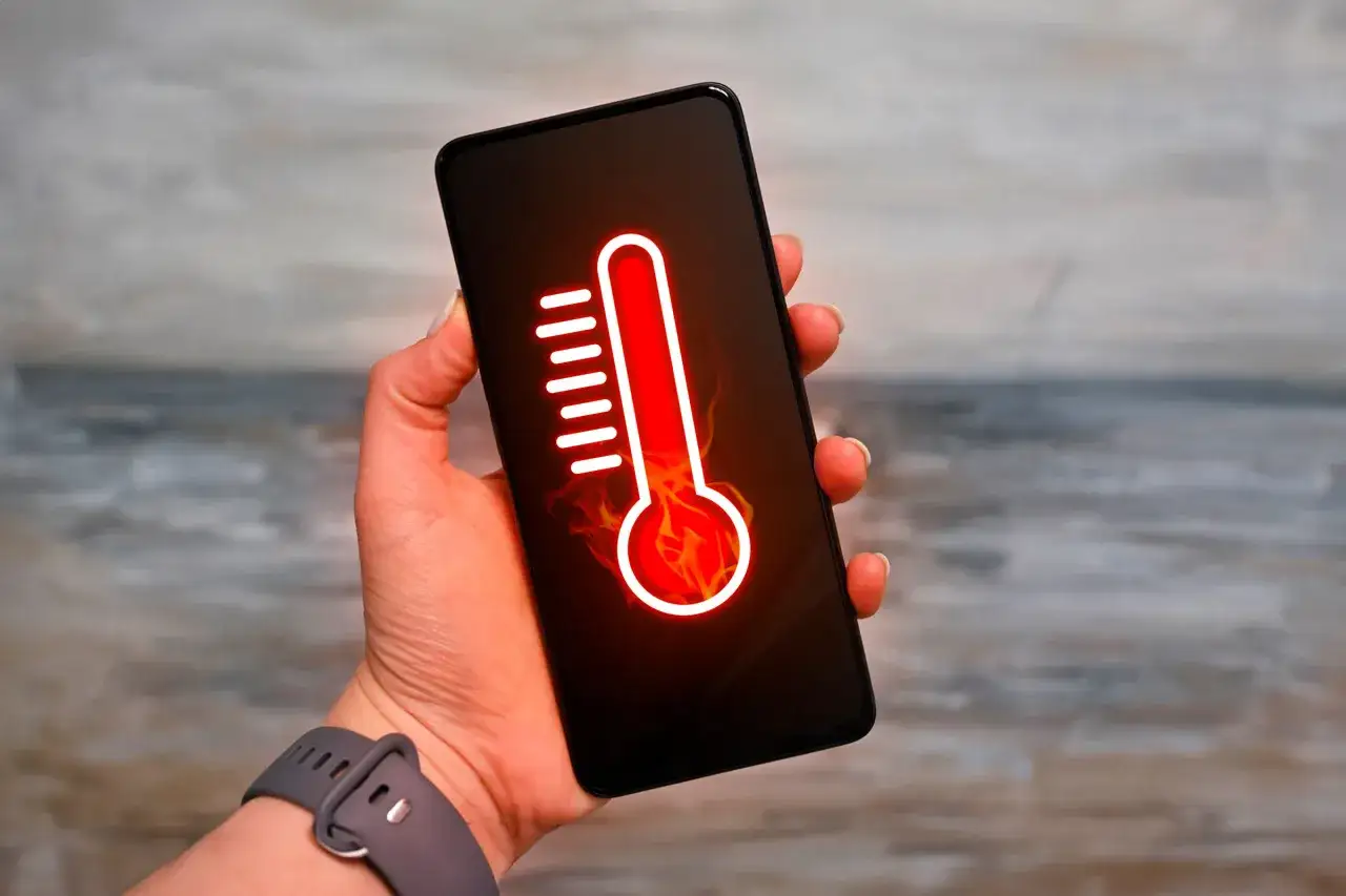 Dłoń trzyma smartfon z ikoną termometru i płomieniami, symbolizującymi przegrzewanie. Upewnij się, że Tw&oacute;j telefon pracuje w bezpieczna temperatura telefonu.