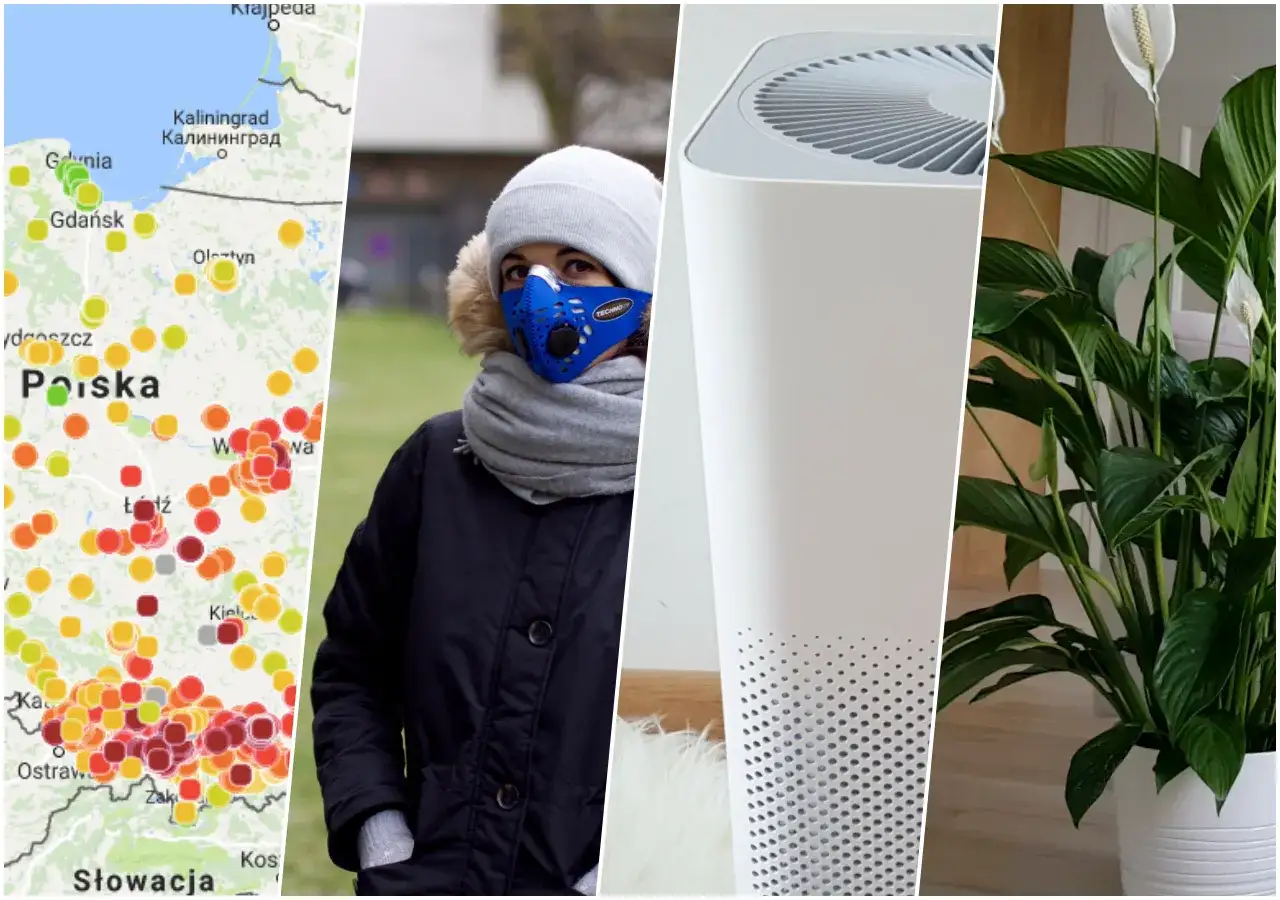Osoba w masce antysmogowej na tle miasta, oczyszczacz powietrza w domu