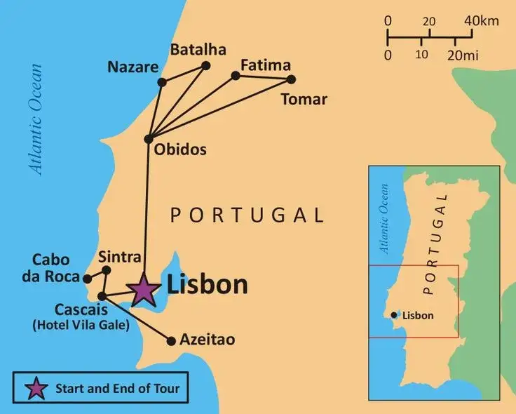 Mapa Portugalii z zaznaczoną Fatimą