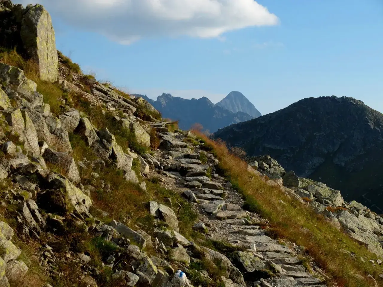 Kamienista ścieżka prowadzi w górę, w kierunku górskich szczytów. Szlak na Zawrat w Tatrach, otoczony skałami i trawami, zaprasza do wędrówki.