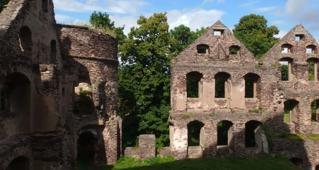 Kamienne ruiny zamku w Świnach, zarośnięte zielenią, z widokiem na drzewa i błękitne niebo.