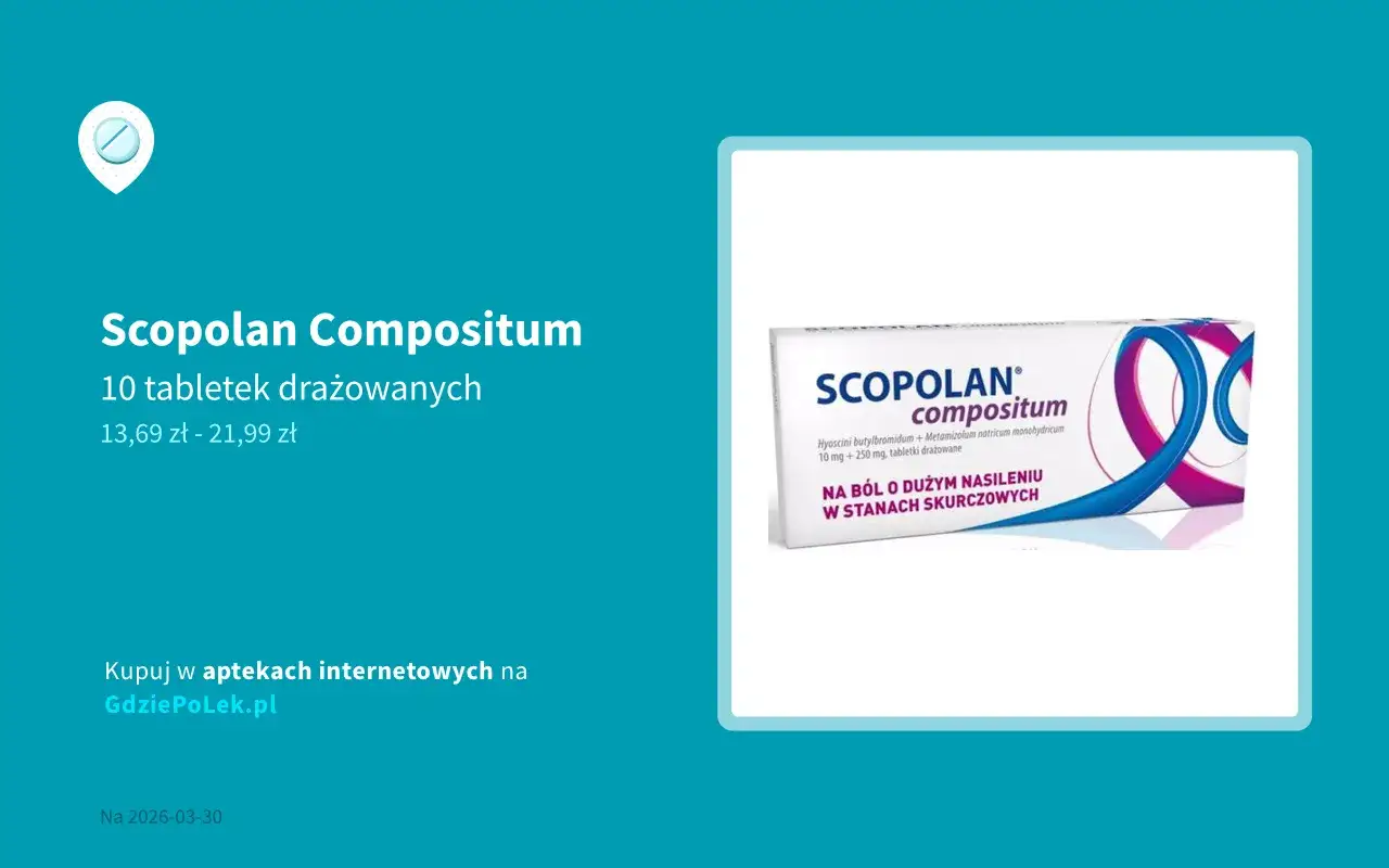 Opakowanie Scopolan Compositum, 10 tabletek. Czy scopolan jest na receptę? Sprawdź cenę i dostępność w aptekach internetowych.