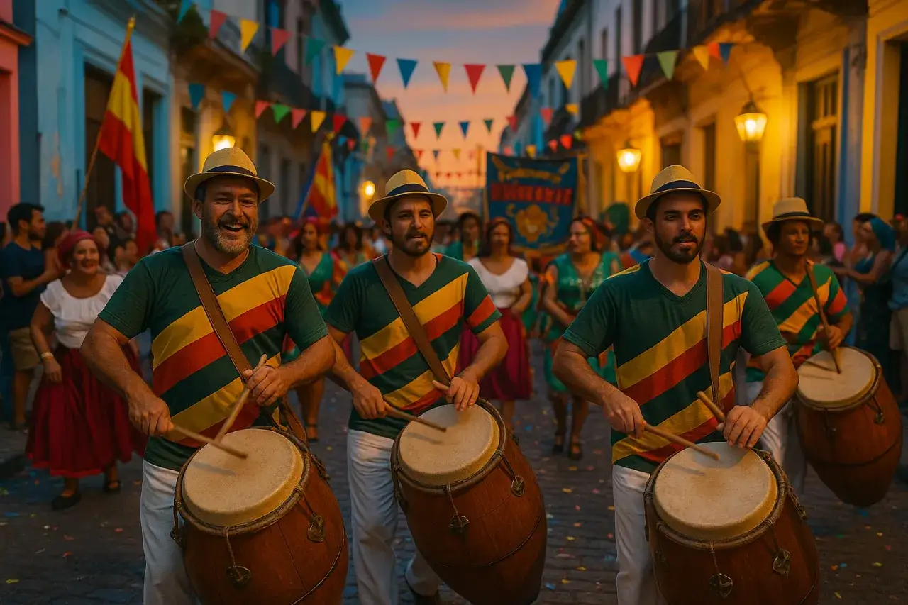 Mężczyźni w słomkowych kapeluszach grają na bębnach, tworząc rytm dla latynoskich piosenek do tańca. Uliczny festiwal w pełni!