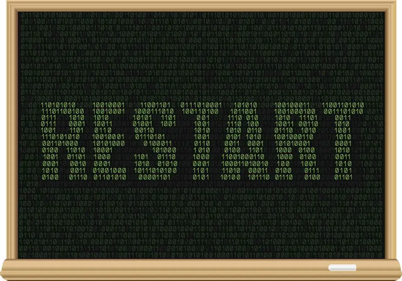 Zielony tekst binarny na czarnym tle, przypominający ekran komputera. Widać słowo 