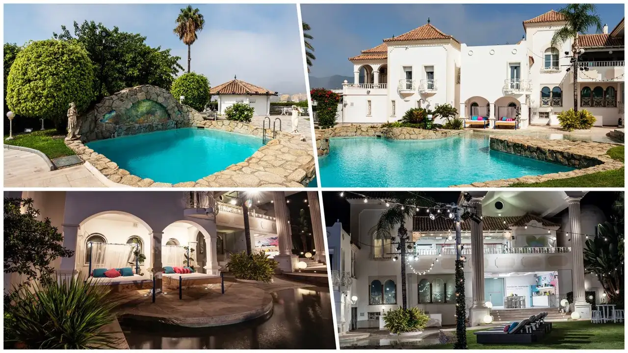 Luksusowe wille z basenami i palmami, idealne na miłość na rajskich wyspach. Nocne iluminacje dodają magii.