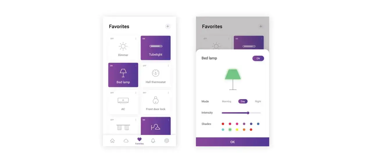Zarządzaj domem przez aplikację Tuya. Widok ulubionych urządzeń, w tym lampki nocnej z możliwością zmiany trybu i koloru.