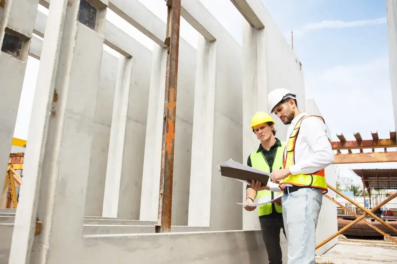 Dw&oacute;ch inżynier&oacute;w w kaskach dyskutuje nad planami na budowie. Zastanawiają się, ile bierze kierownik budowy za taką inwestycję.