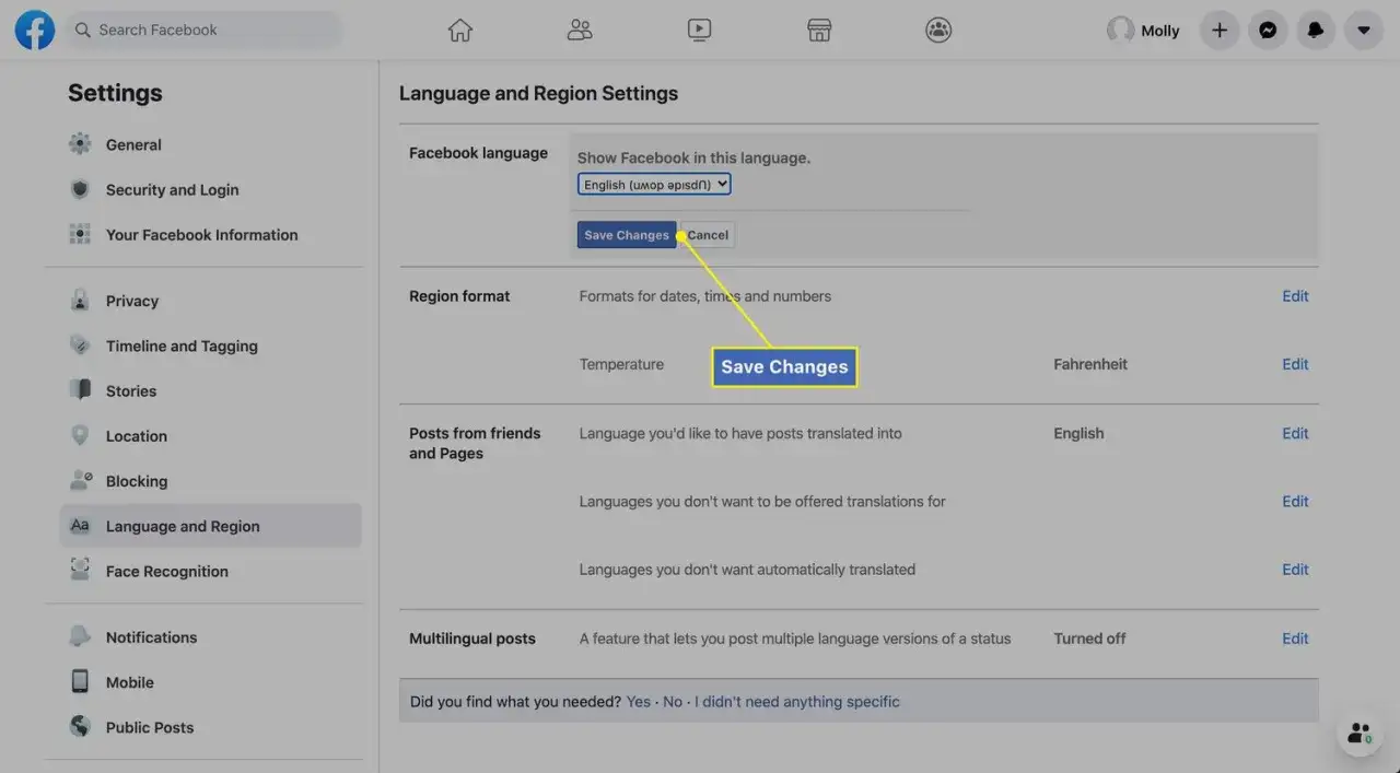Facebook ustawienia język i region na komputerze