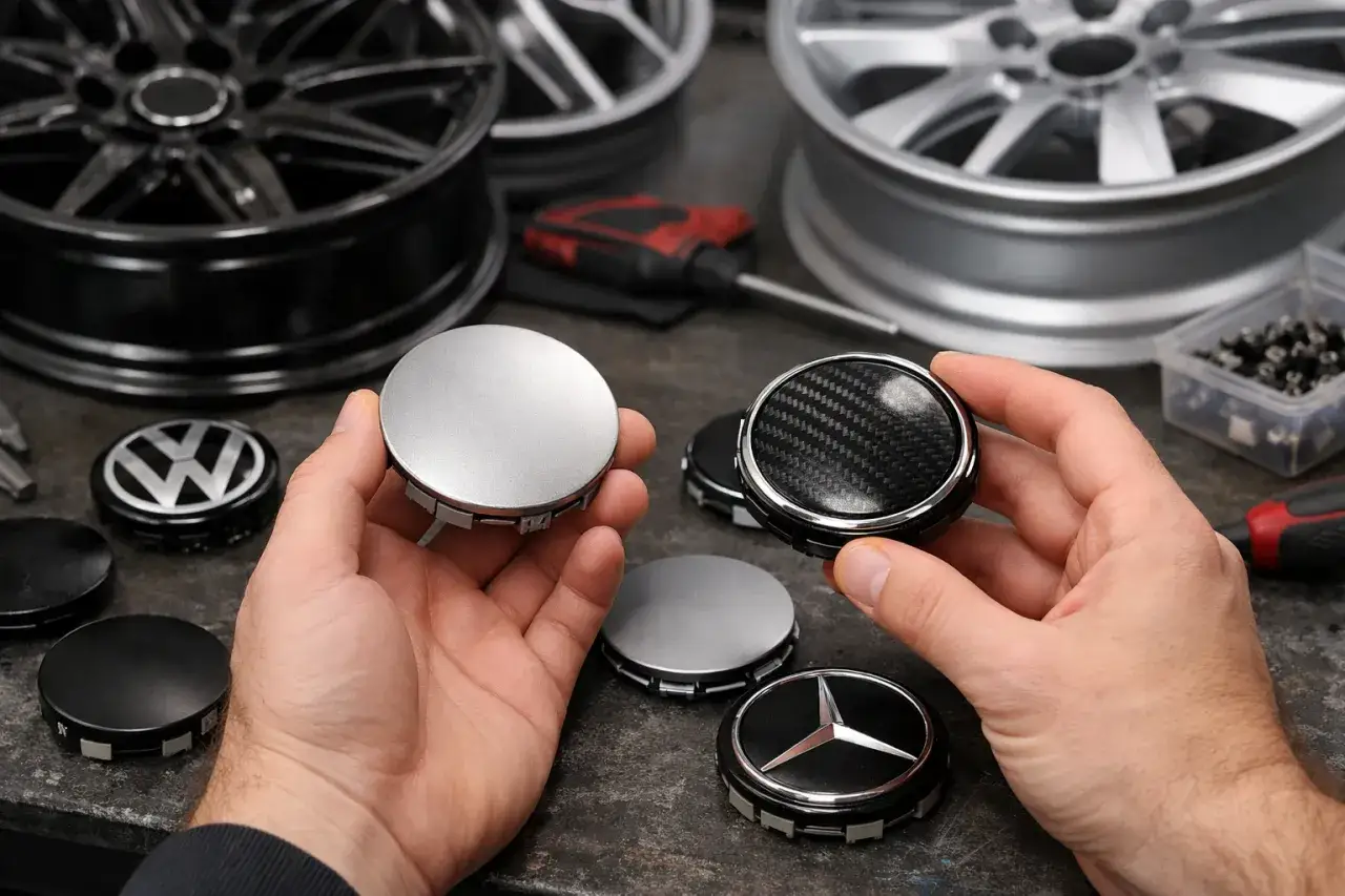 Dłonie trzymają dekielki do felg, pokazując różne wzory. Dowiedz się, jak zmierzyć dekielki do felg, by idealnie pasowały.