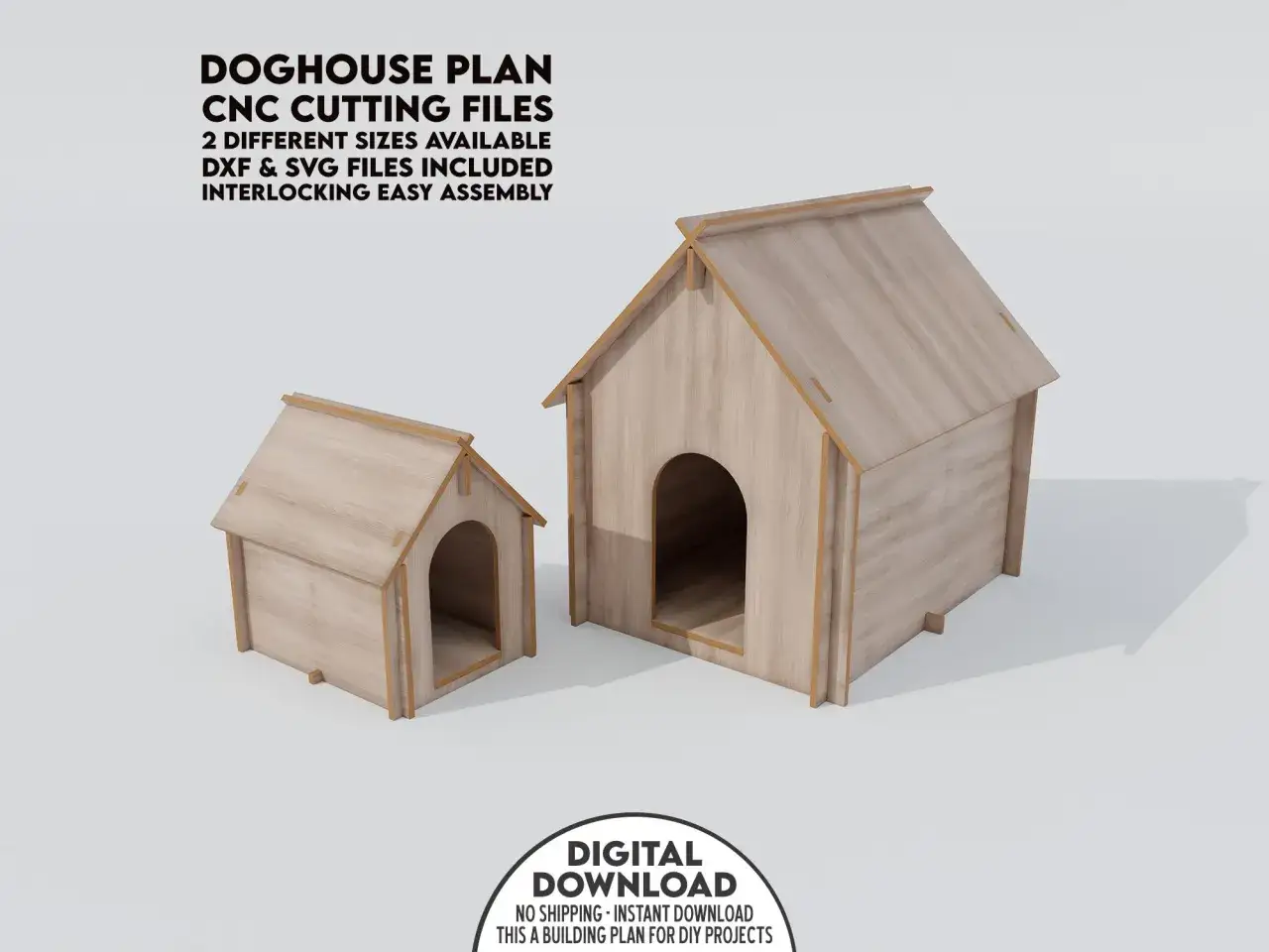 Dwa projekty bud dla psów z przedsionkiem, dostępne w różnych rozmiarach. Plany CNC do łatwego montażu.
