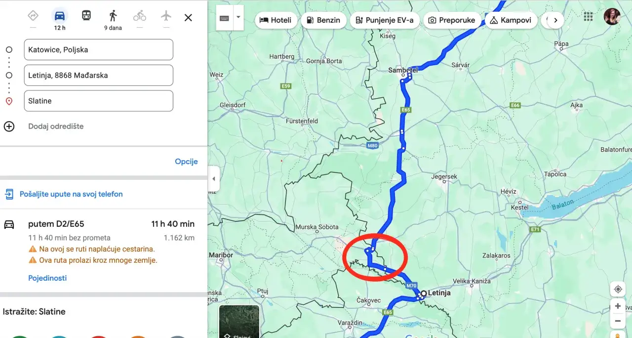 Mapa trasy Polska Chorwacja przez Słowację Węgry