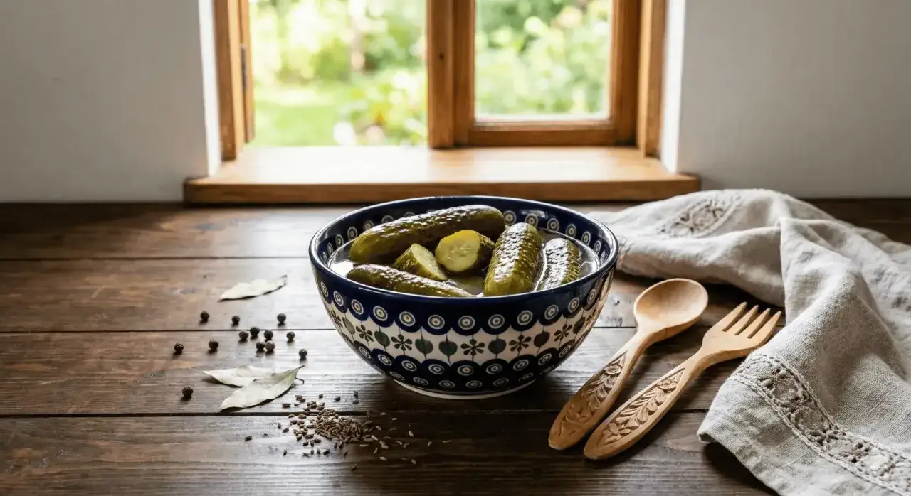 Miseczka kiszonych og&oacute;rk&oacute;w na drewnianym stole, obok przyprawy i drewniane sztućce. Czy og&oacute;rek kiszony zbija cukier?