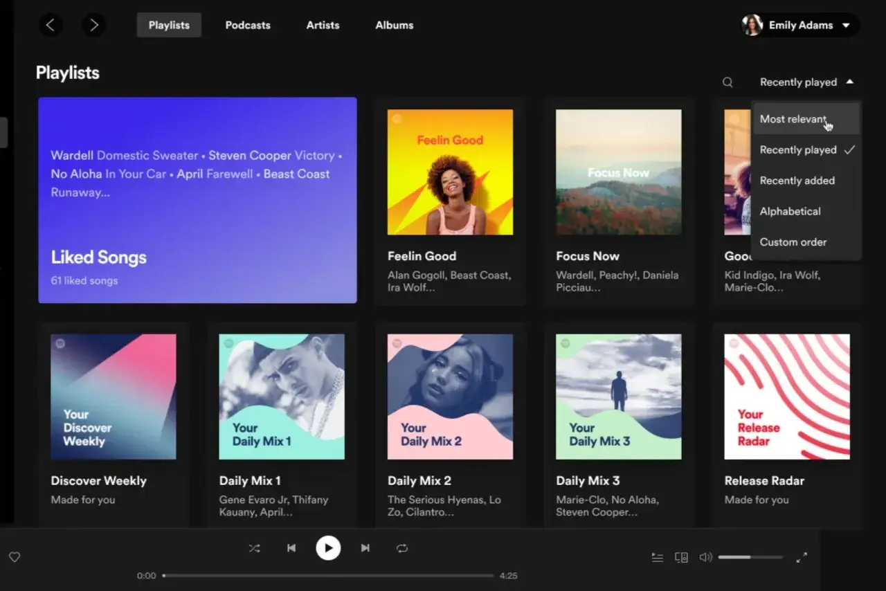 Jak pobrać piosenki ze Spotify na komputer? Widok playlisty z opcją sortowania 