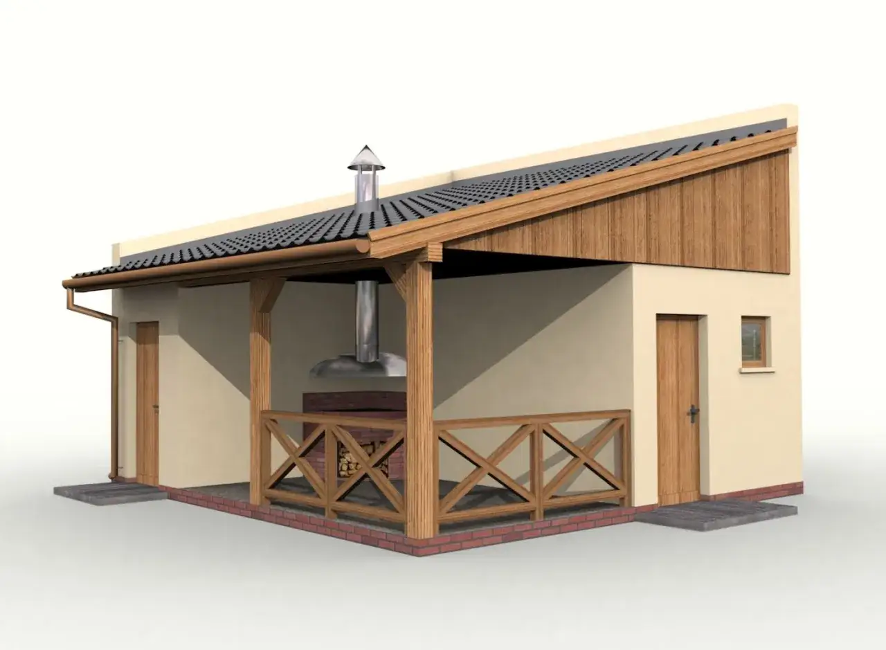 Nowoczesny budynek gospodarczy z dachem jednospadowym, zadaszoną wiatą i grillem. Idealne miejsce na letnie spotkania.