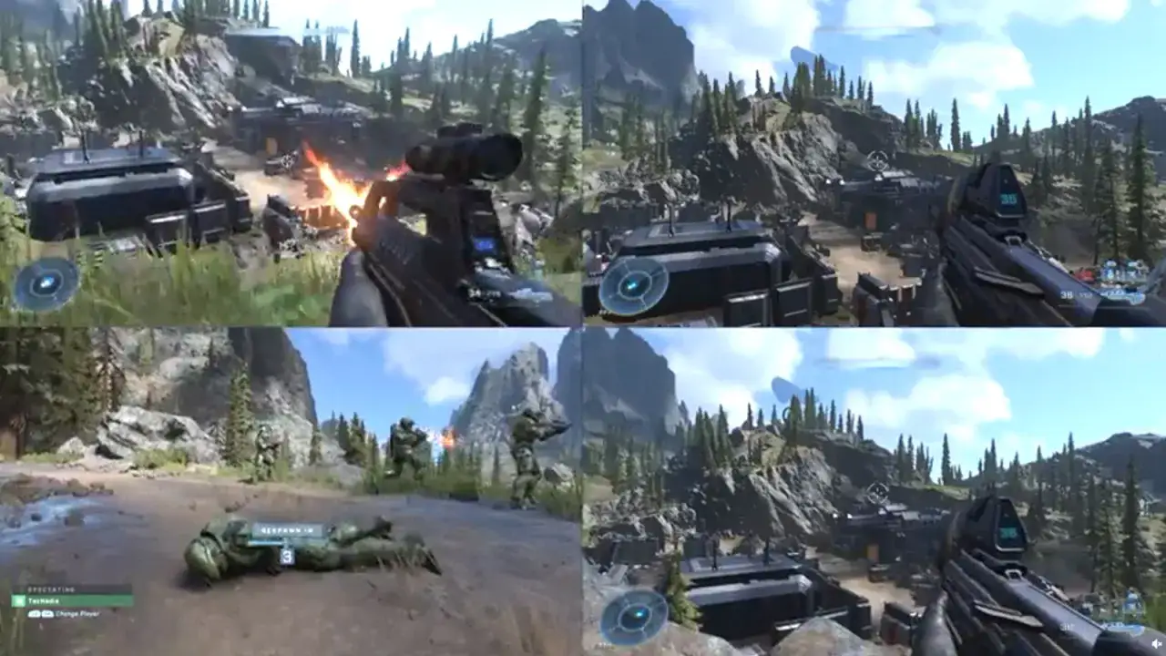 Gry na Xbox na dwie osoby w trybie podzielonego ekranu. Gracze walczą w górskim terenie, strzelając do przeciwników.