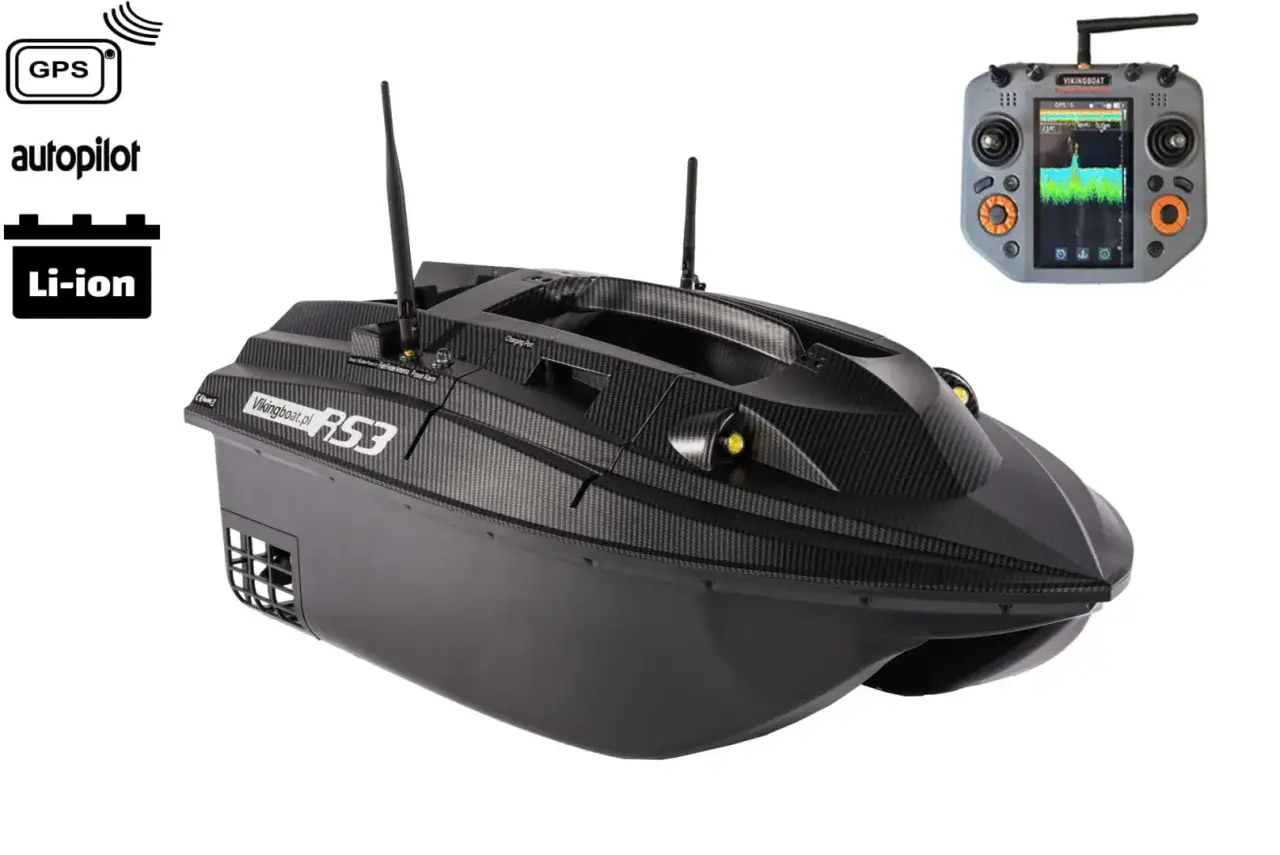 Czarna ł&oacute;dka do wywozu zanęty RS3 z GPS i autopilotem, sterowana pilotem z ekranem sonaru.