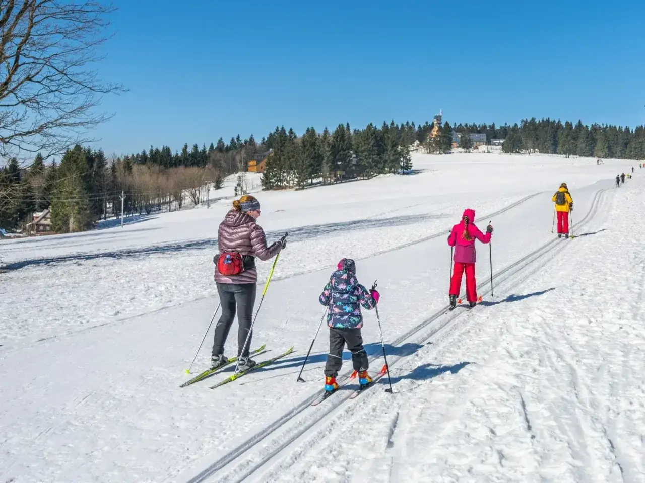 Rodzina na nartach biegowych cieszy się świeżym powietrzem od kiedy otwarte stoki narciarskie. Słońce i piękne widoki.