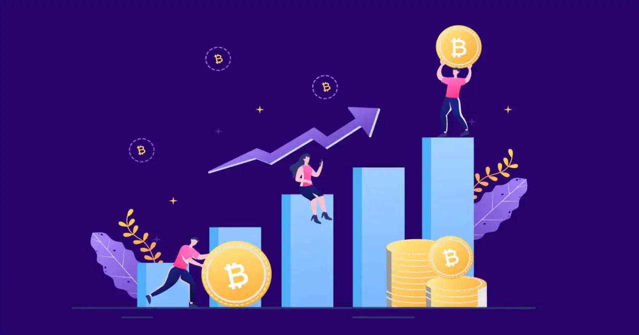 Ludzie z bitcoinami na tle rosnącego wykresu. Zastanawiasz się, ile trzeba zainwestować w kryptowaluty?