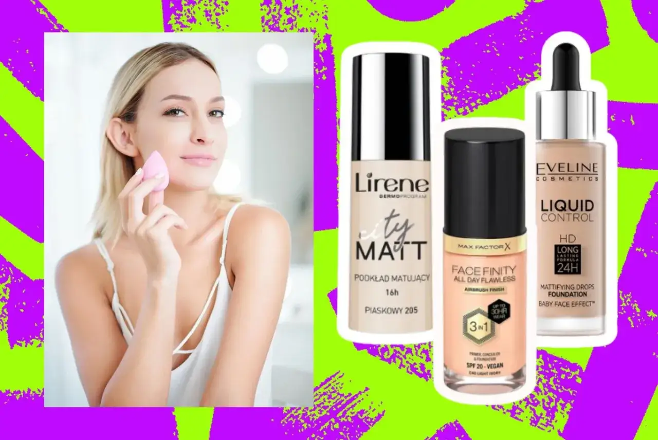 Kobieta aplikuje gąbeczką trwały podkład do twarzy. Obok trzy buteleczki podkładów: Lirene City Matt, Max Factor Face Finity i Eveline Liquid Control.