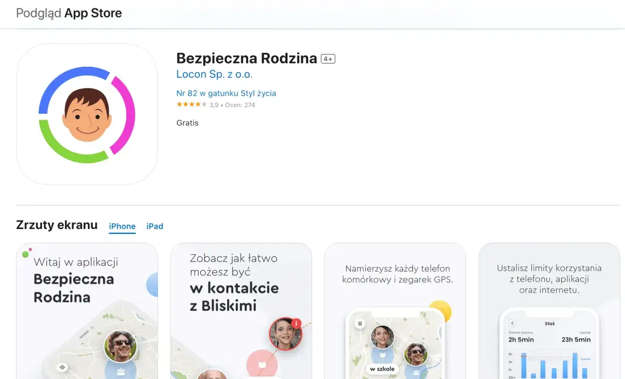 Interfejs aplikacji Bezpieczna Rodzina mapa lokalizacja