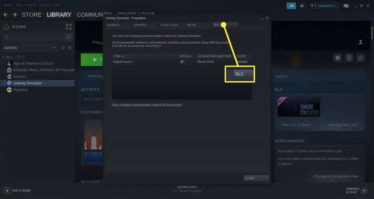 Steam library game properties DLC tab