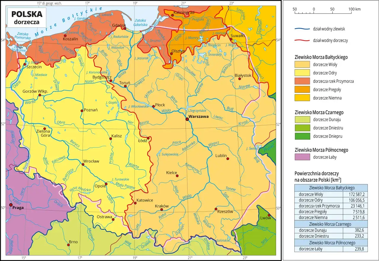 Mapa Polski z zaznaczonymi regionami rzecznymi i pojeziernymi