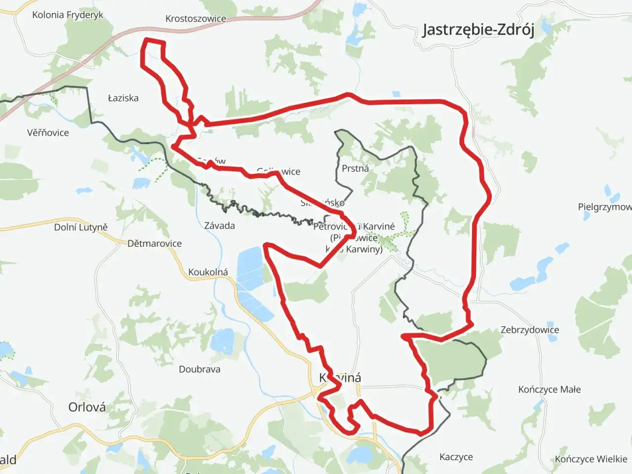 Mapa z zaznaczoną pętlą ścieżki rowerowej Wisła-Ustroń, prowadzącą przez czeskie i polskie miejscowości.