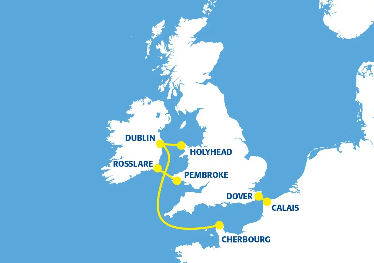 Mapa tras promowych z Irlandii do Wielkiej Brytanii i Francji. Sprawdź, ile kosztuje prom do Anglii, wybierając trasę z Dublina, Rosslare, Holyhead, Pembroke, Dover, Calais lub Cherbourga.