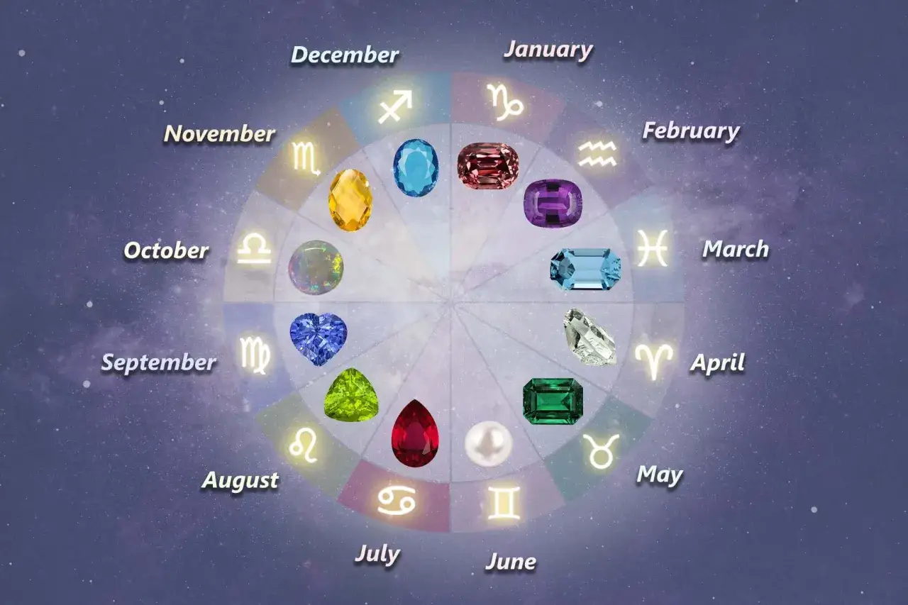 Okrąg zodiaku z kamieniami. Morganit, znak zodiaku, symbolizuje miłość i harmonię, idealny dla os&oacute;b urodzonych w maju.