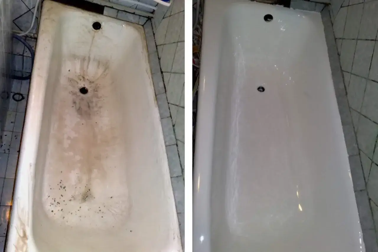 Przed i po renowacji stalowej wanny. Pokazano, jak załatać dziurę w wannie stalowej, przywracając jej dawny blask.