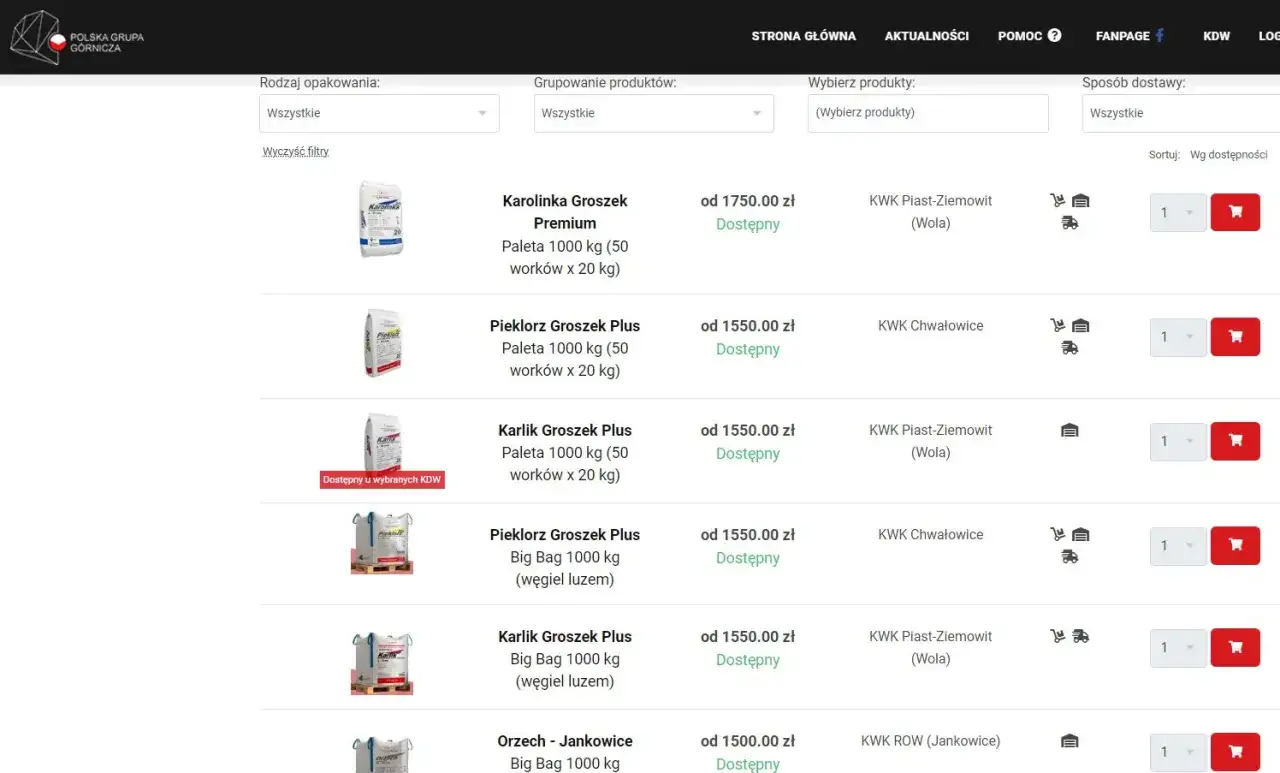 Ceny węgla groszku: od 1500 zł do 1750 zł za tonę. Dostępne różne rodzaje opakowań i dostawy.